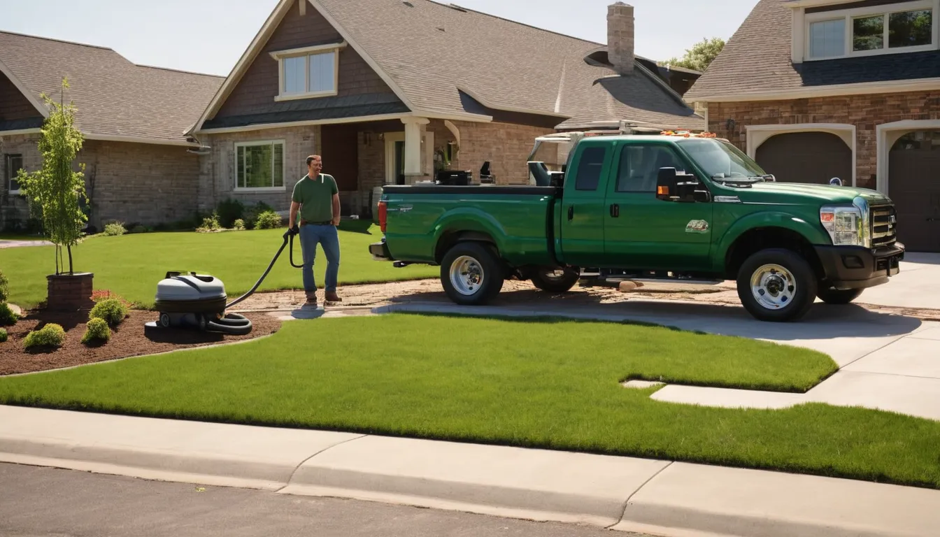 Friendly septic provider and a homeowner talking beside a pumping truck outside a ranch home in Pasadena